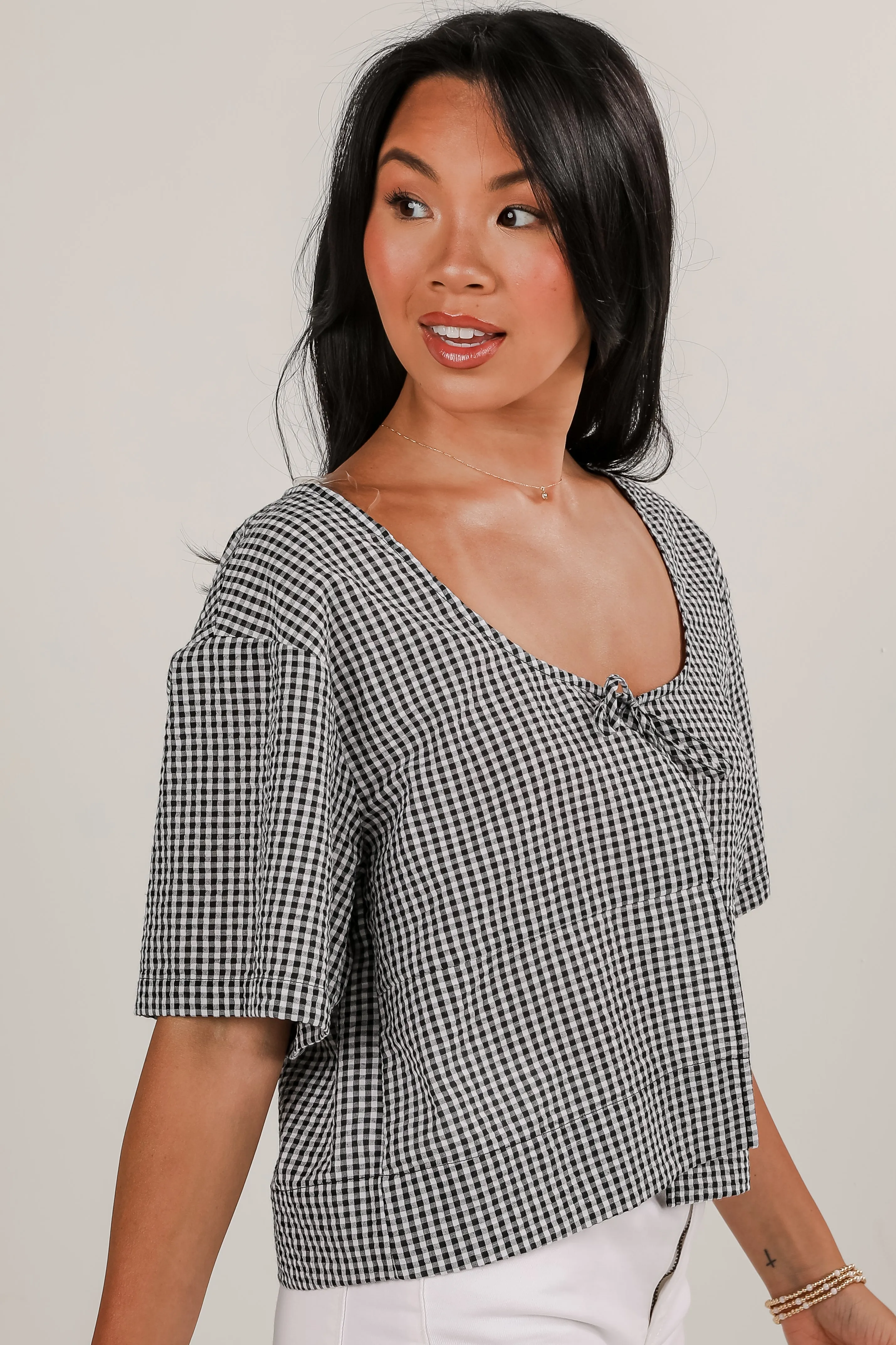 Be My Muse Black Gingham Tie Top - DU DEAL
