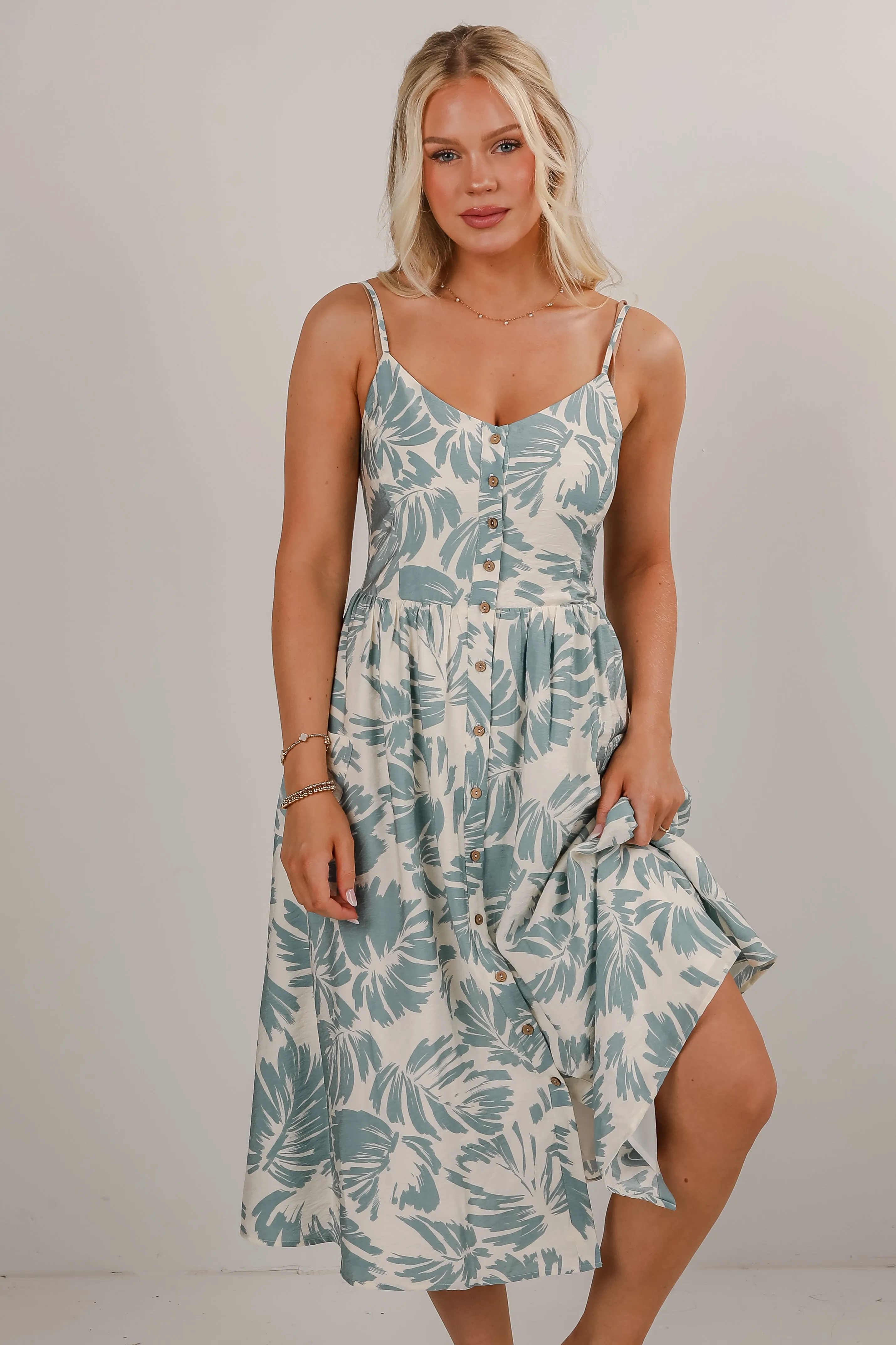 Coastal Days Light Blue Leaf Print Midi Dress