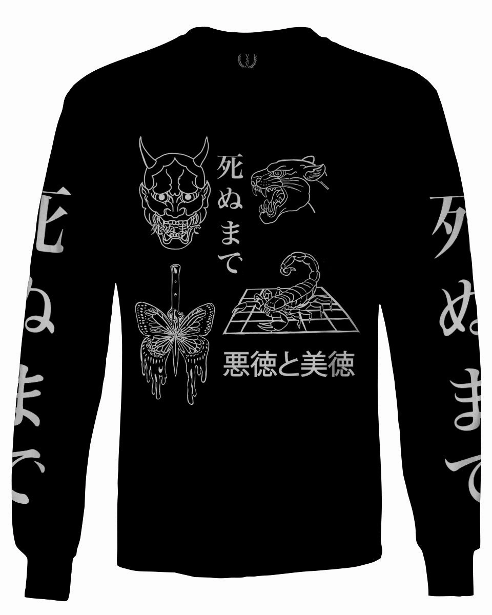 Demon Graphic Traditional Japanese Puma Scorpion Butterfly Tattoo mens Long sleeve t shirt