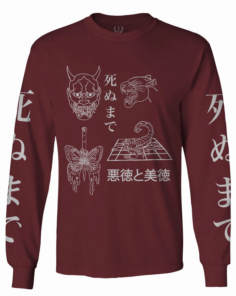 Demon Graphic Traditional Japanese Puma Scorpion Butterfly Tattoo mens Long sleeve t shirt