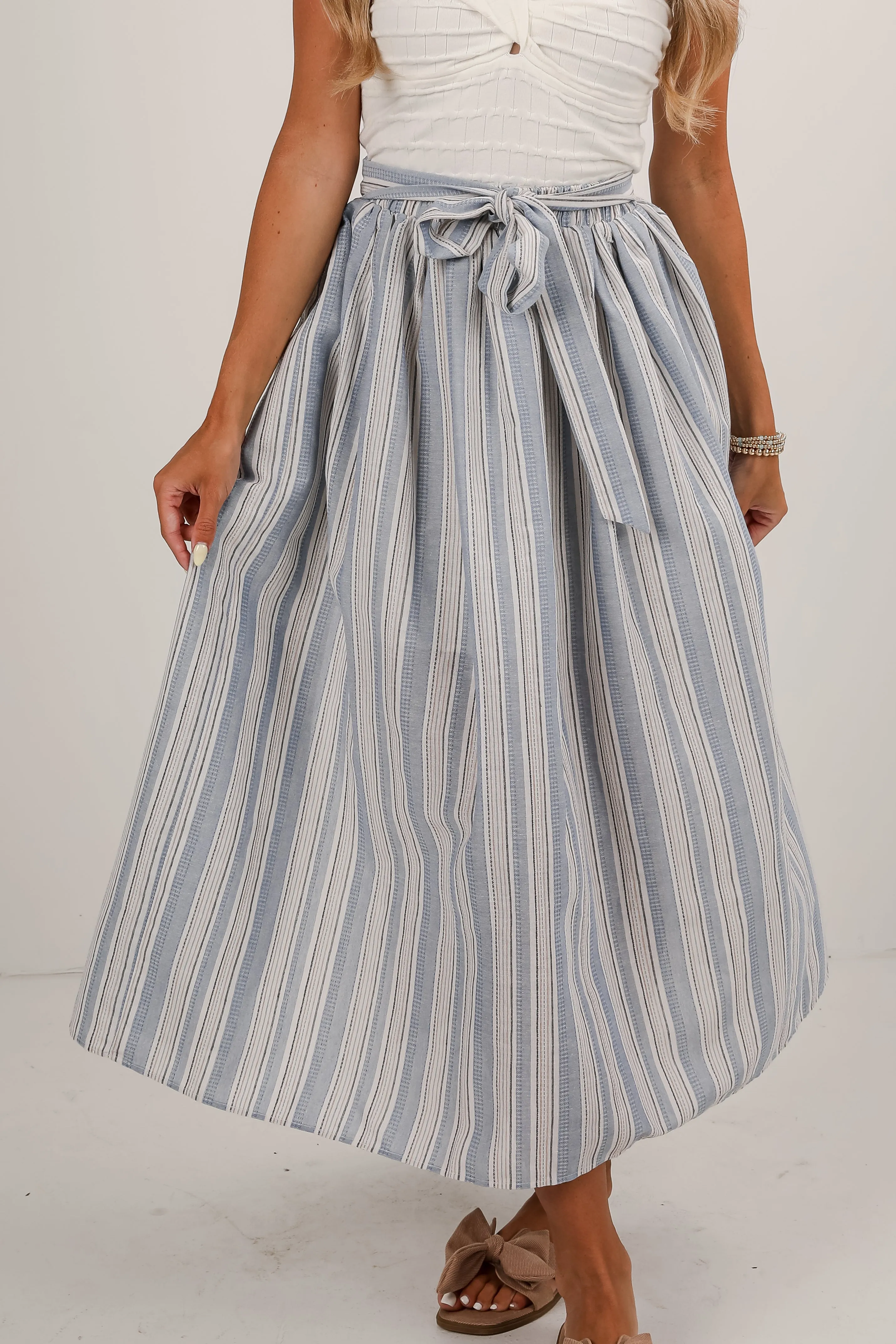 Feels Like Love Blue Striped Midi Skirt