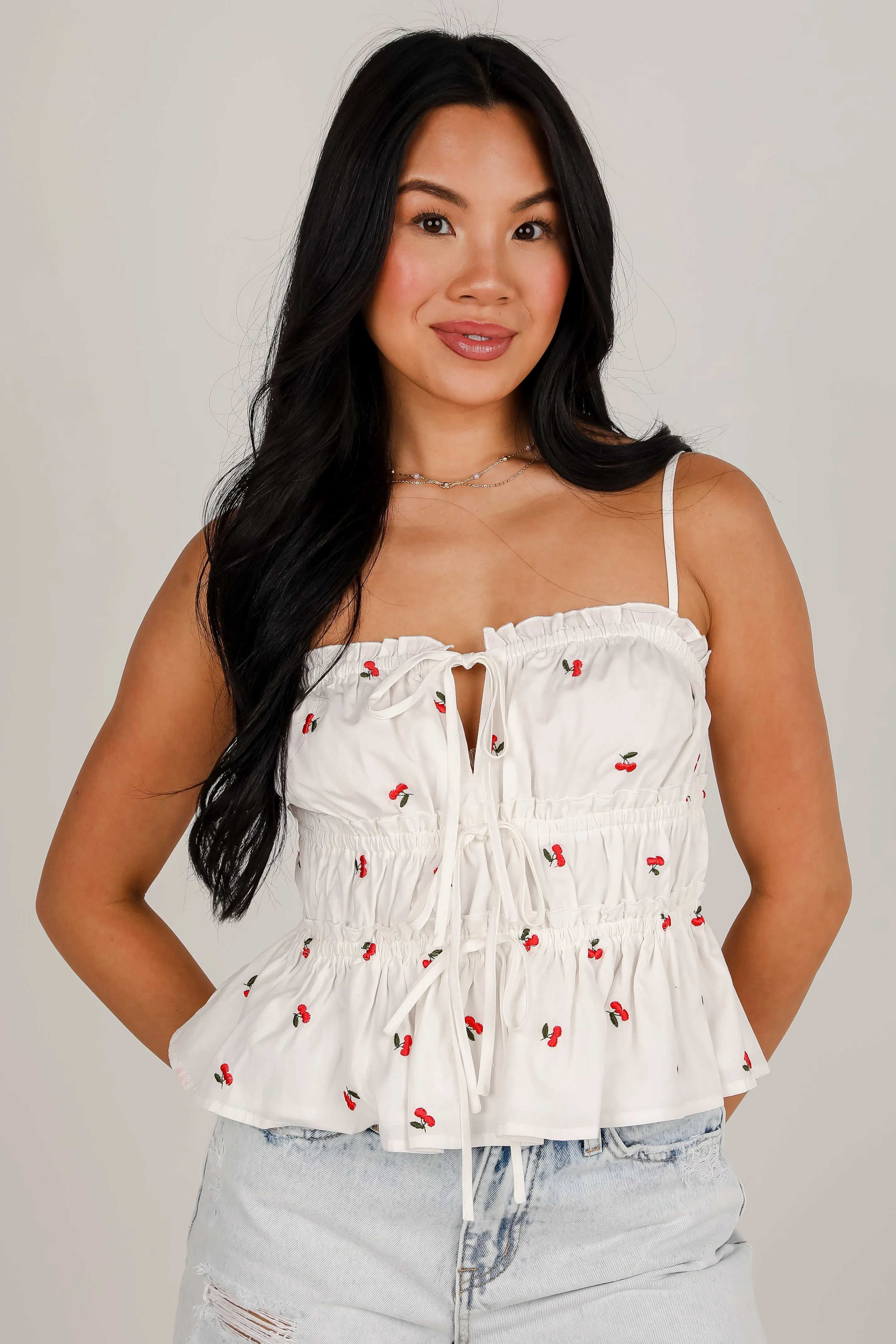 FINAL SALE - Cherry Sweet White Ruffle Tank