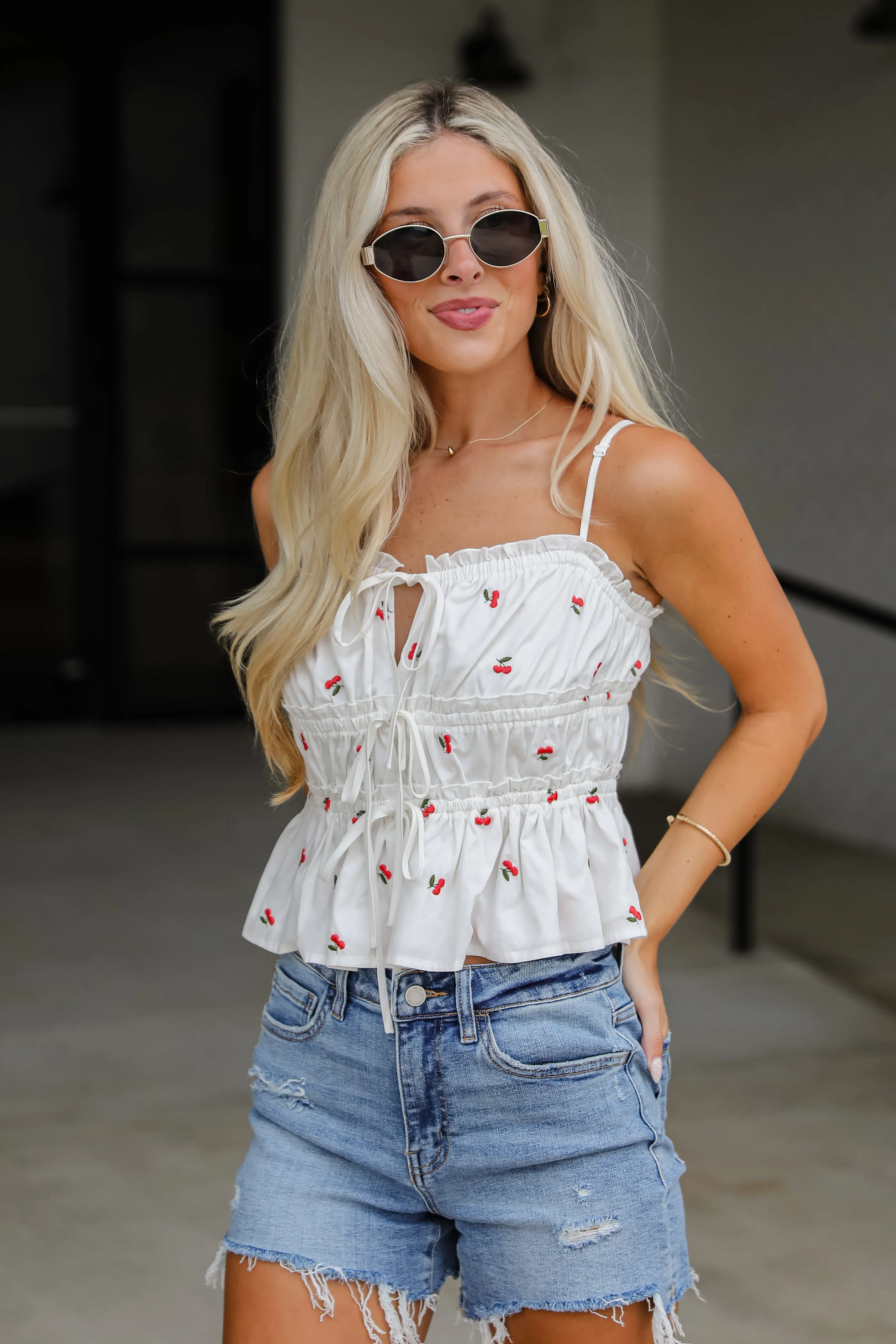 FINAL SALE - Cherry Sweet White Ruffle Tank