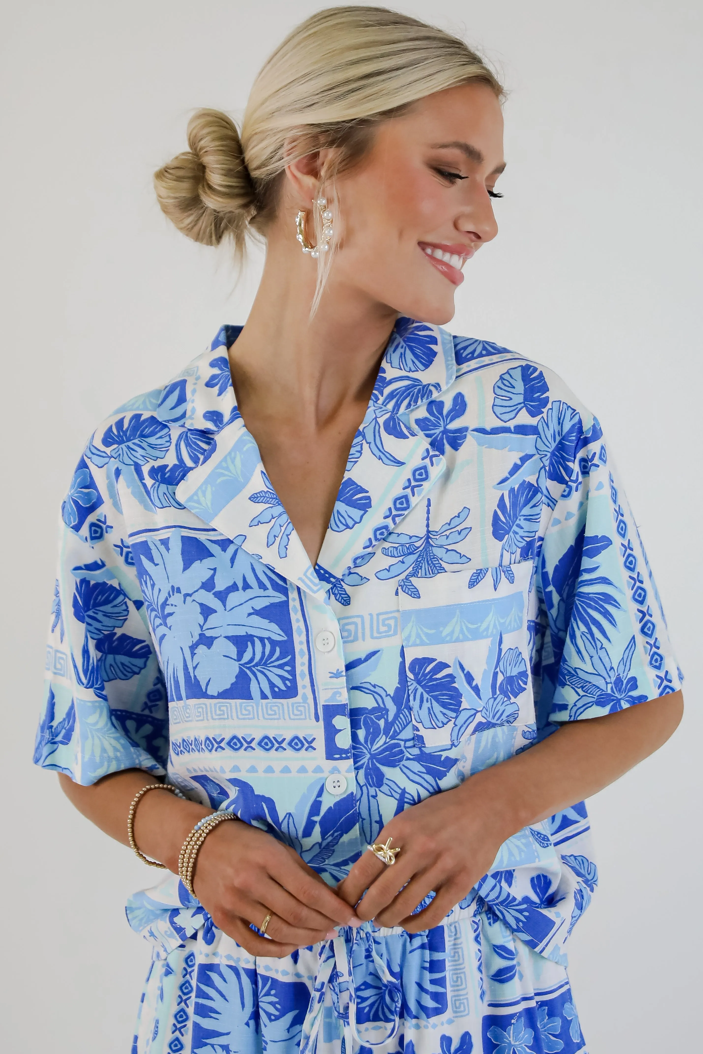 FINAL SALE - In The Sun Blue Tropical Print Blouse