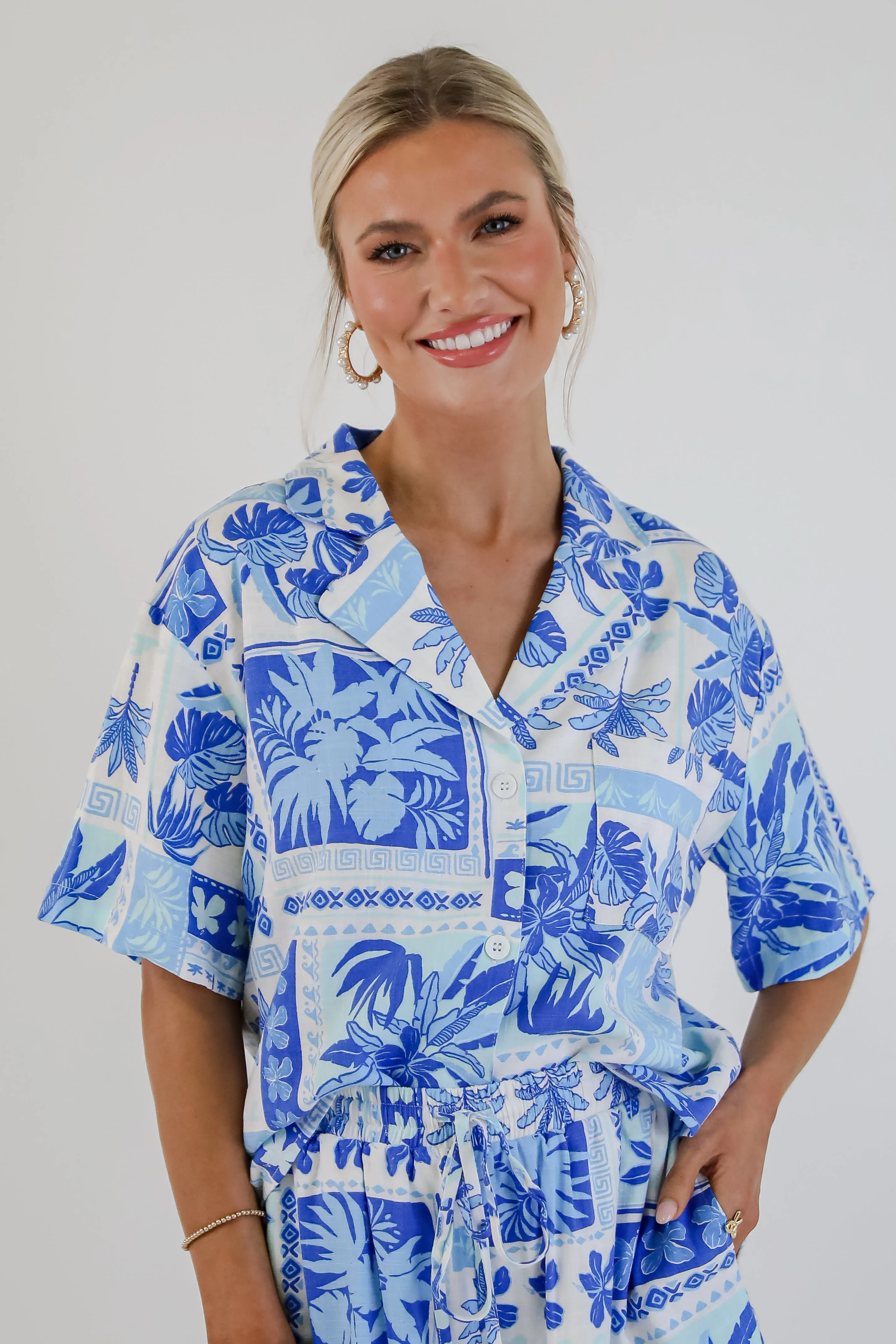 FINAL SALE - In The Sun Blue Tropical Print Blouse