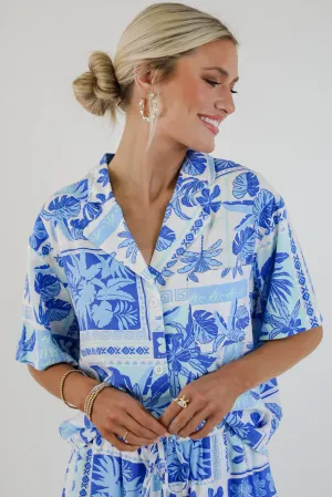 FINAL SALE - In The Sun Blue Tropical Print Blouse