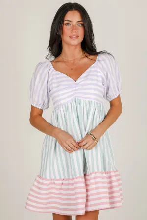 FINAL SALE - Just Lovely Multi Striped Color Block Babydoll Mini Dress