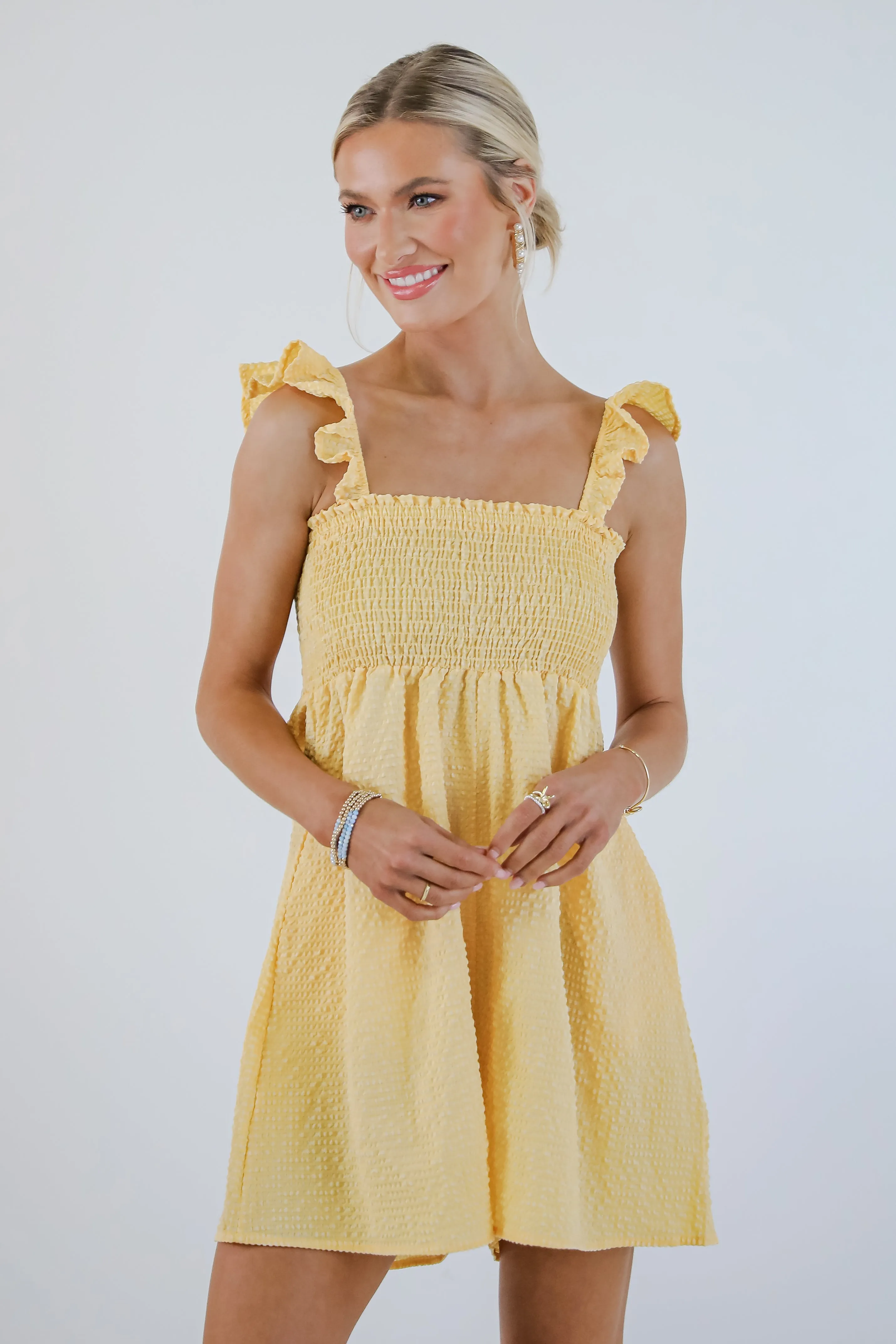 FINAL SALE - Picnic Time Yellow Seersucker Smocked Romper