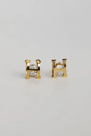 Hayley Gold "H" Rhinestone Stud Earrings