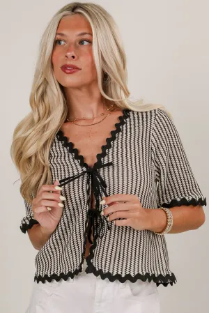 Island Groove Black Striped Crochet Tie Top