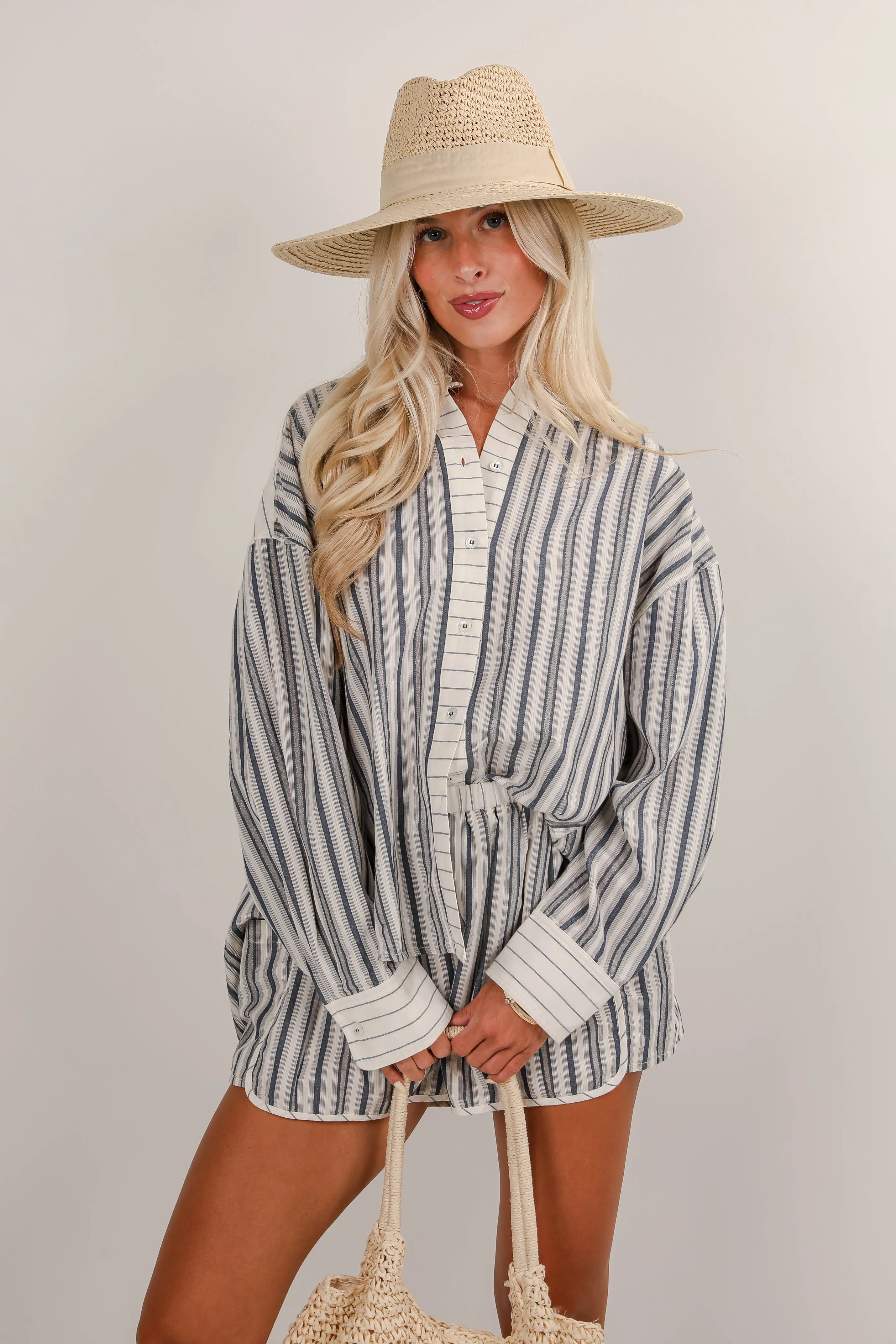 Just Breezin' By Blue Striped Button-Up Blouse