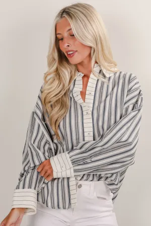 Just Breezin' By Blue Striped Button-Up Blouse