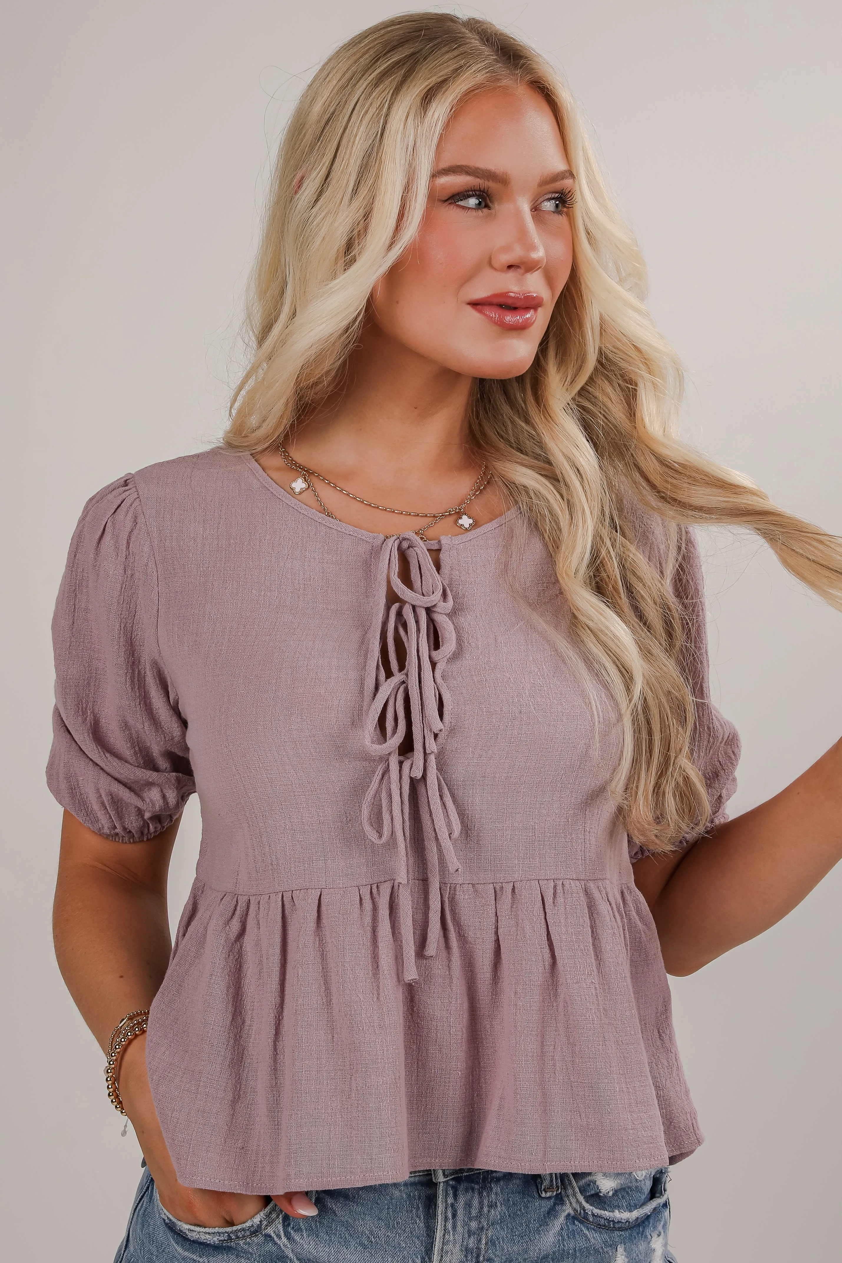 Living With Love Lavender Peplum Bow Blouse - DU DEAL