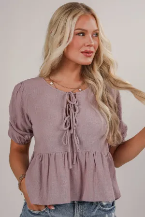 Living With Love Lavender Peplum Bow Blouse - DU DEAL