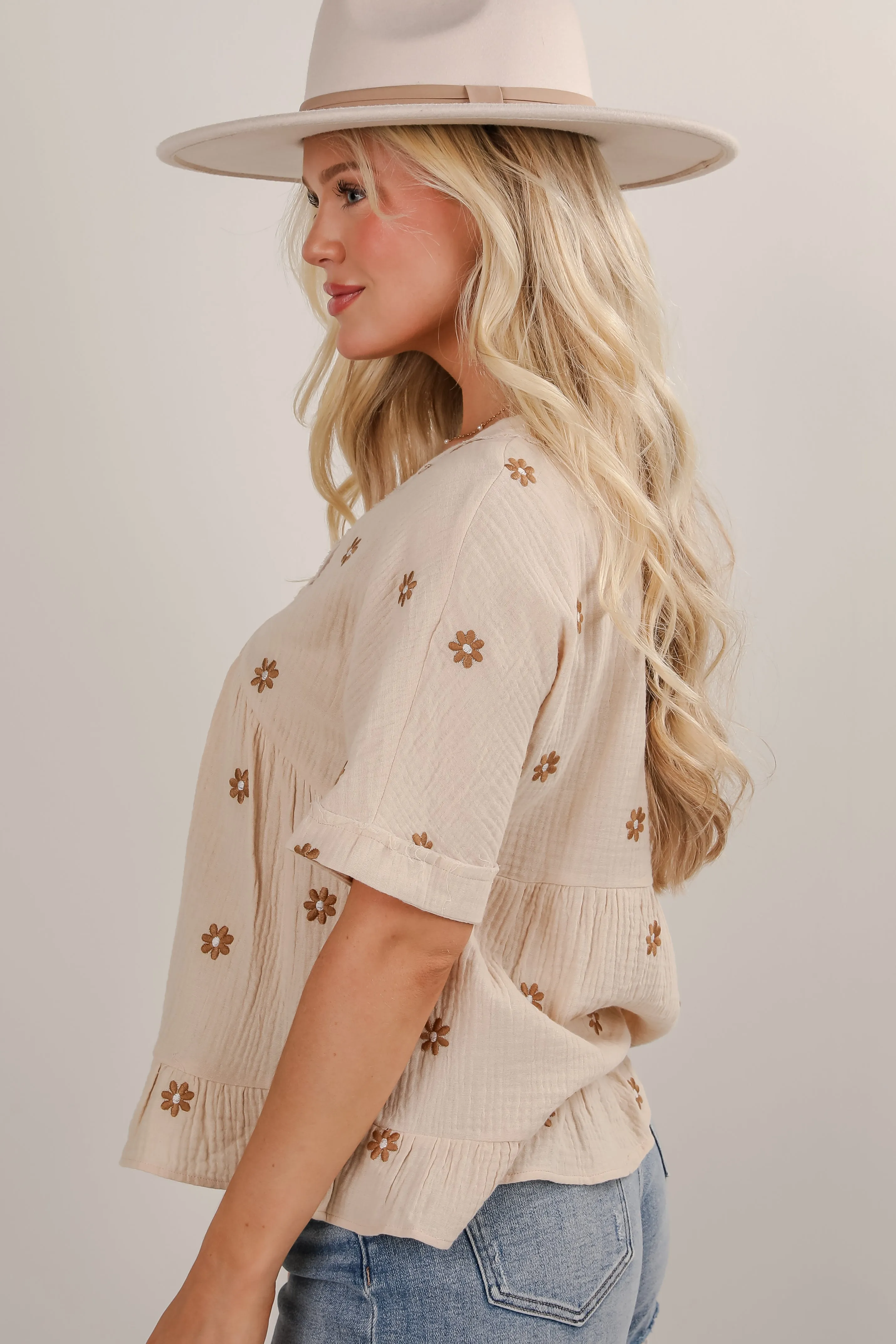 Plenty Of Love Natural Floral Linen Blouse - DU DEAL