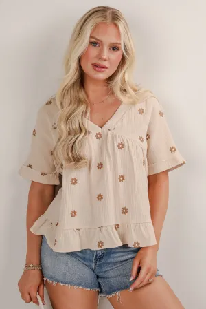 Plenty Of Love Natural Floral Linen Blouse - DU DEAL