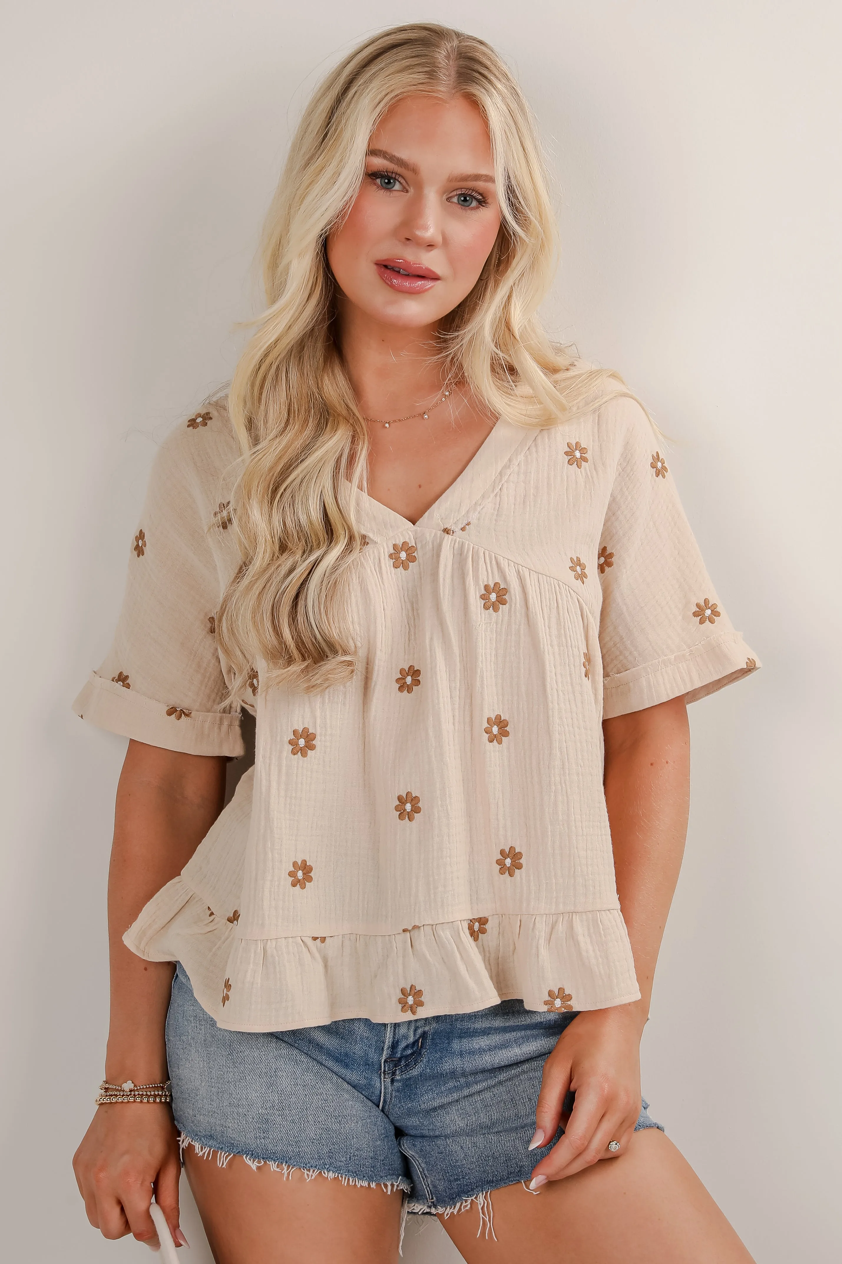Plenty Of Love Natural Floral Linen Blouse - DU DEAL