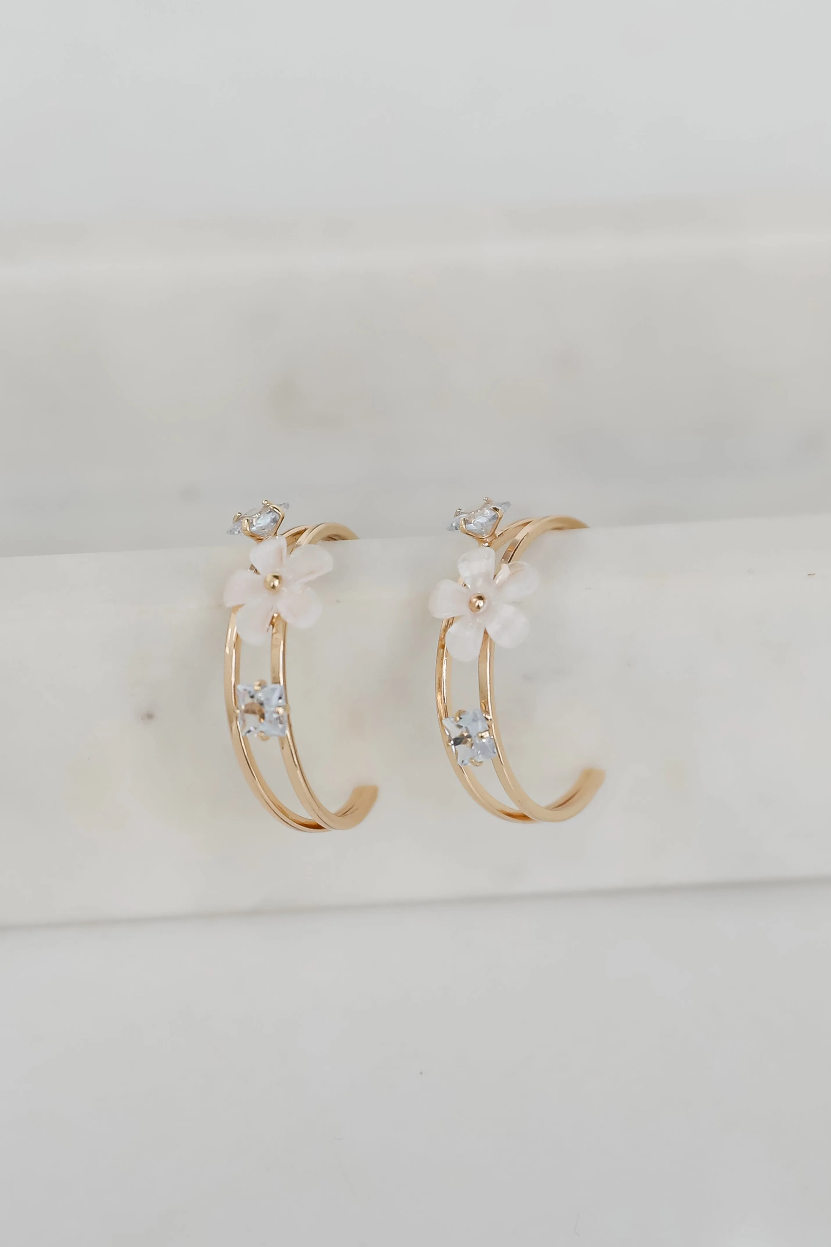 Rae Gold Flower   Rhinestone Hoop Earrings