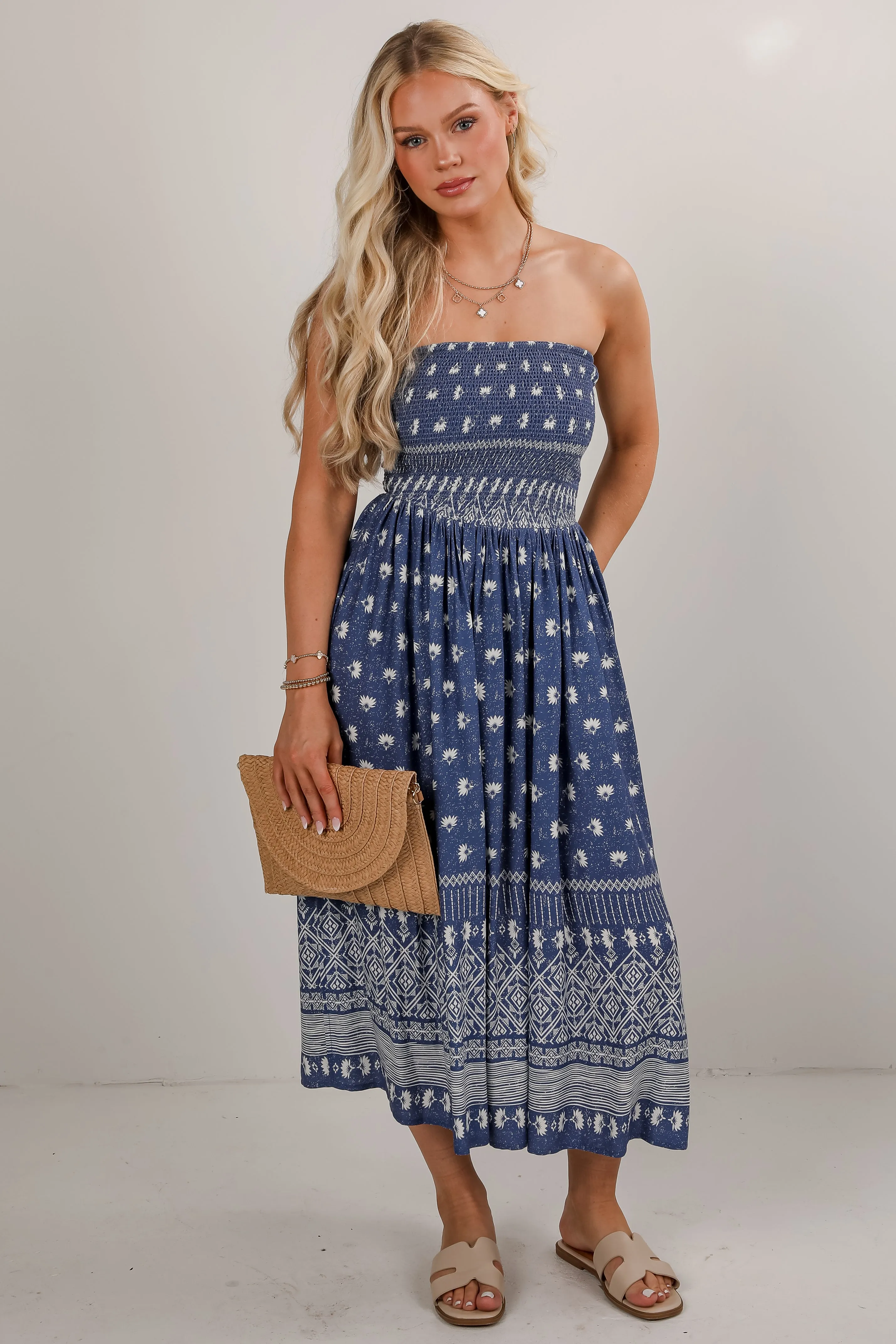 Saltwater Essential Blue Strapless Smocked Midi Dress