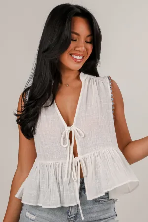 Speak Up White Peplum Bow Tank