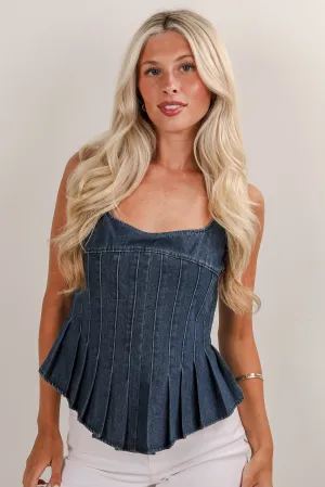 Strike A Cord Denim Pleated Tank